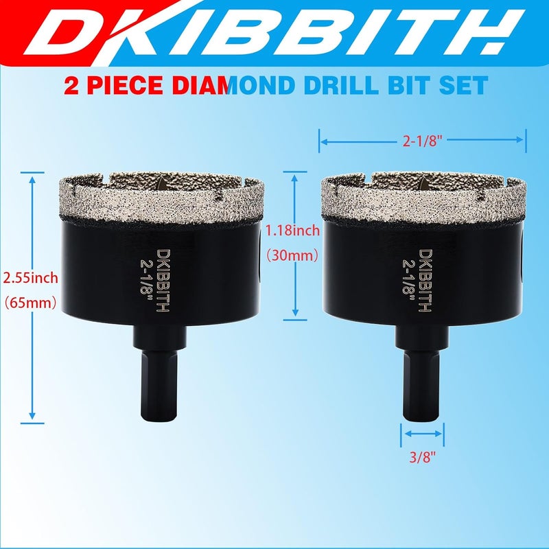 DKIBBITH 2-1/8" Diamond Hole-Saw Bits with Pilot Drill Bit - 2pc 2-1/8 in Diamond Tipped Tile Hole Saws with Guiding Bit for Accurate Drilling, for Porcelain Tile Ceramic Pots Granite Stone Glass Bottles 55mm. - Image 2